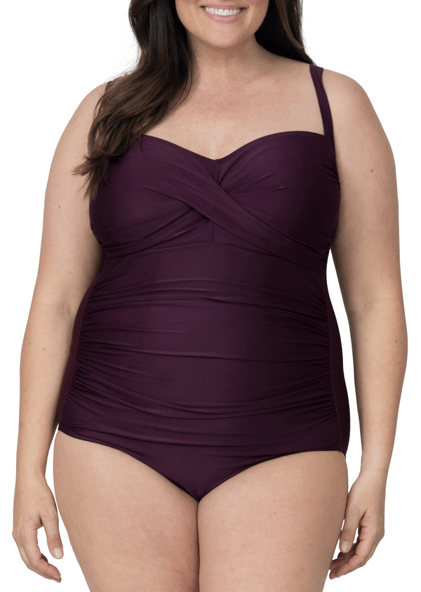 Rouched Panel Front One Piece Bathing Suit Modest Swimsuit for Women with Tummy Control