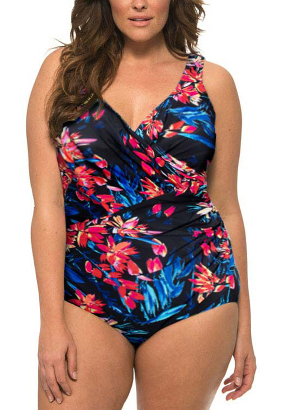 Caribbean Sand Women's Plus Size Cross Front 1 Piece Black Swimsuit