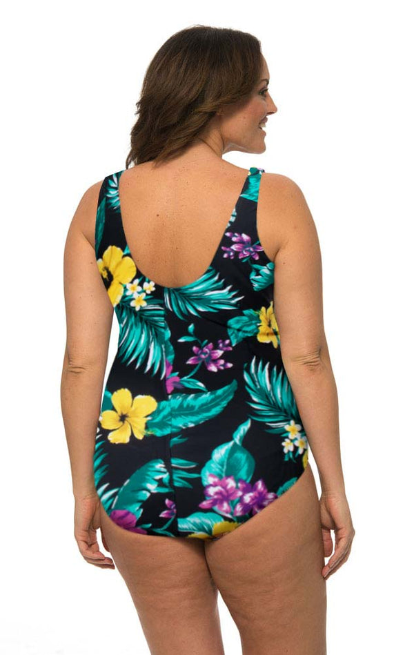 Caribbean Sand Women's Plus Size Cross Front 1 Piece Black Swimsuit