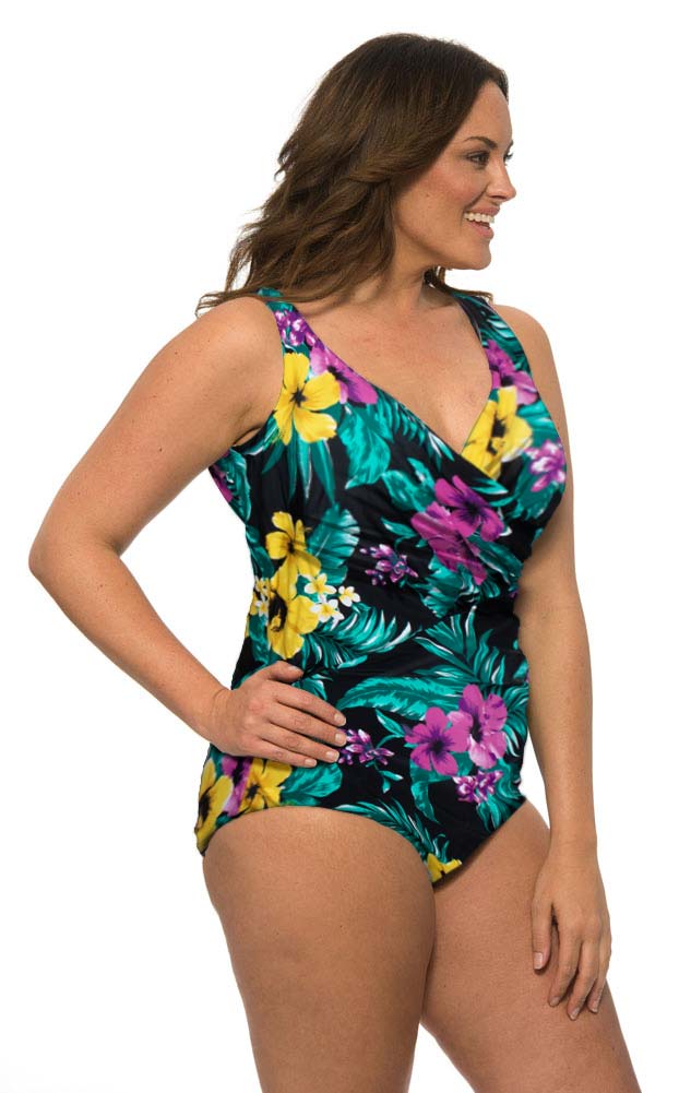Caribbean Sand Women's Plus Size Cross Front 1 Piece Black Swimsuit